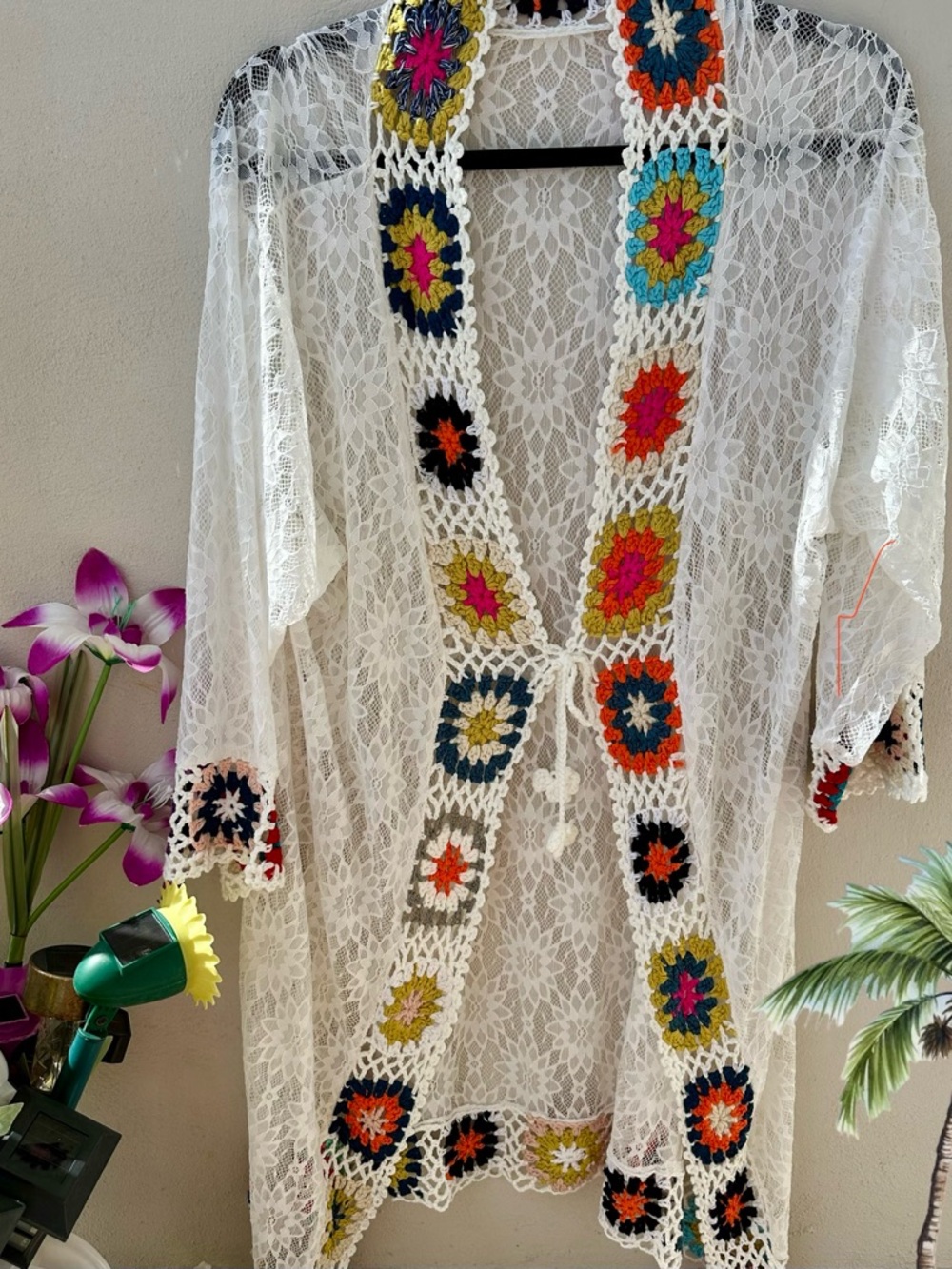 ASHA White Lace Crochet Trim Kimono with Multicolor Accents